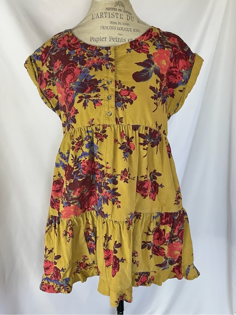 Free People Harper Corduroy Floral Flowy Tiered Short Sleeve Mini Dress M - Picture 2 of 11